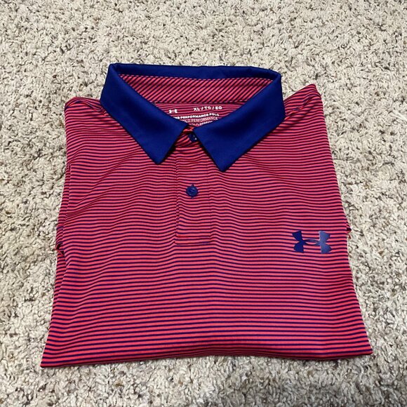 Under Armour Mens XL  TG Red & Blue Striped Polo Shirt With Moisture-Wicking - Picture 13 of 15